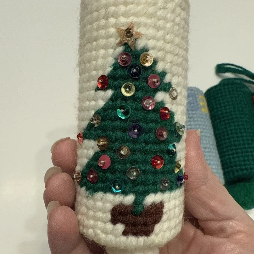 Vintage Handmade Needlepoint Christmas Ornament Lot. Very Unique, Bears, Rainbow